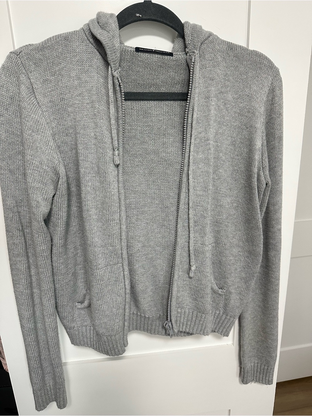 Brandy Melville Gray Zip-Up Hooded Knit Cardigan - Size Small
